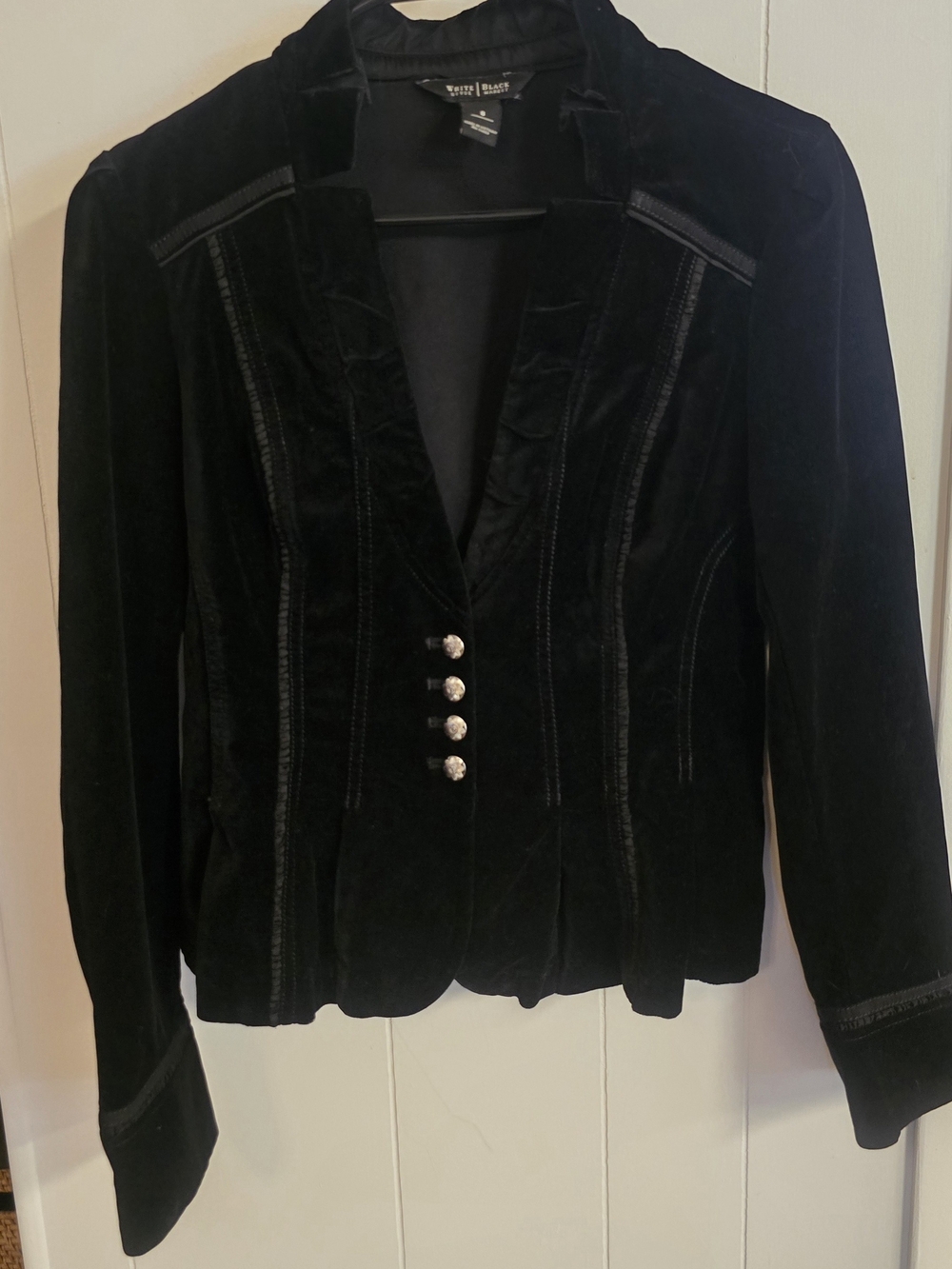 White House Black Market Black Velvet Fitted Blazer with Decorative Buttons